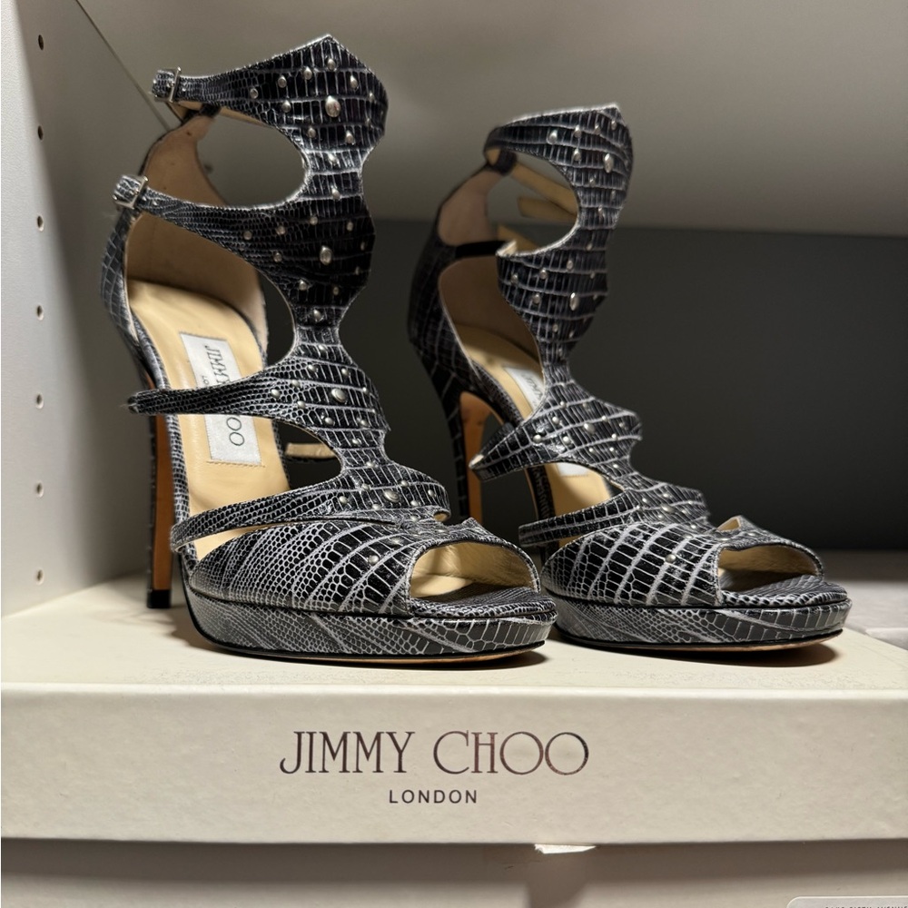 Jimmy Choo Charcoal Grey Mostyn Lizard Embossed Strappy Gladiator